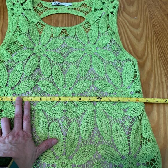 ZARA NWT lime green knit macrame crochet knee midi lined summer dress SIZE M - Picture 12 of 15